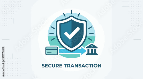 An illustrative vector graphic emphasizing secure online financial transactions, showing a credit card, a bank, and a protective shield.