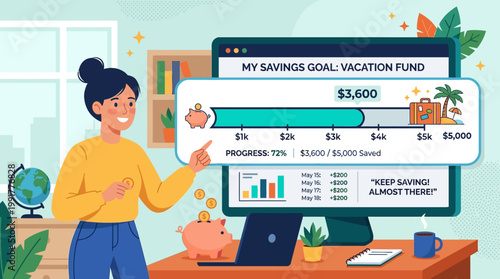 A cheerful woman actively tracks her vacation savings goal on a vibrant computer screen, highlighting financial progress and future planning.