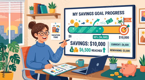 Woman tracks savings goal progress, documents budget plan, and reaches financial milestones with dedication and strategy