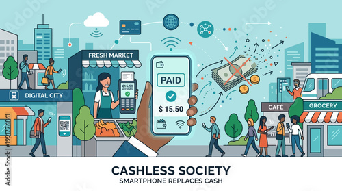 A digital city embraces cashless transactions with smartphones replacing physical currency for seamless payments