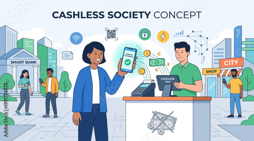 Woman holding a smartphone showing successful payment in a cashless society concept with digital transactions