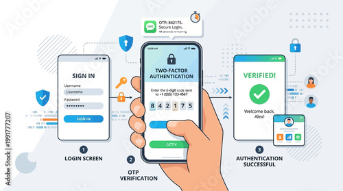 Step-by-step process of two-factor authentication verification using a smartphone, ensuring secure login and account protection.