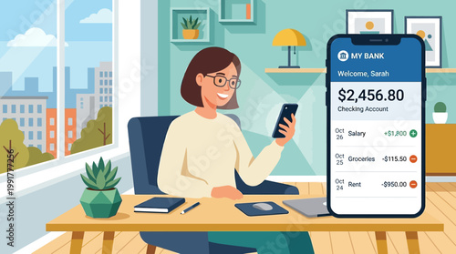 Smiling woman wearing glasses checks her bank account balance on a smartphone while sitting at a desk with some supplies