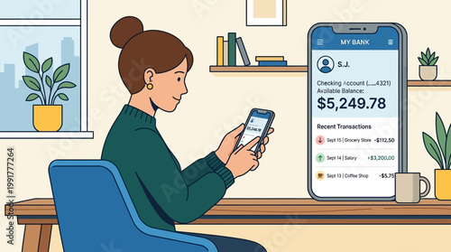 A focused young woman checks her bank account balance and recent transaction history using a mobile application on her smartphone