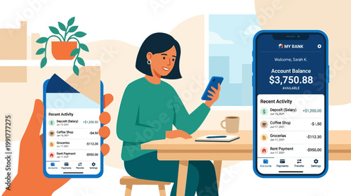 Young woman checking her personal bank account balance using a modern smartphone application while sitting comfortably at a small desk