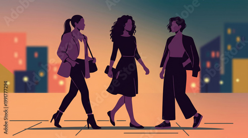 Three stylish women walking together on a city street at dusk, depicted