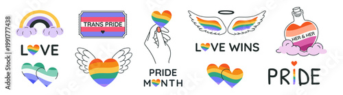 Hand-drawn vector icon set for Happy Pride Month on a transparent background.