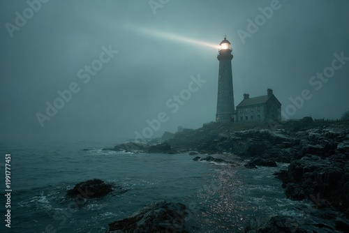 Lighthouse beam piercing through foggy coastal storm at dusk