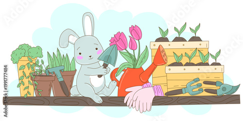 Cute bunny gardener banner with spring flowers tulips seedlings and gardening tools on wooden shelf