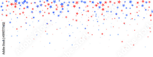 Patriotic July 4th background with red, white and blue confetti, stars and American flag elements creating festive Independence Day celebration backdrop with sparkle effects.