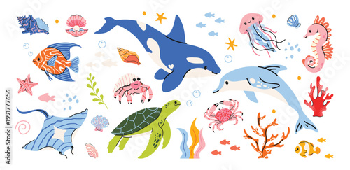 Cute ocean vector set with dolphins, fish, jellyfish, turtle, corals and seashells. Bright, playful marine collection for stickers, prints, kids, summer projects, posters. Doodle cartoon design