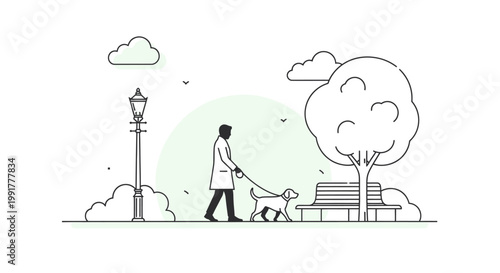 A minimalist line drawing of a person walking a dog on a leash past a streetlamp, tree, and bench under a sunny sky with clouds.