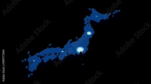 放射状に広がって色が変化していく青い日本地図（正方形グリッド・影付き）　透過アルファチャンネルあり
