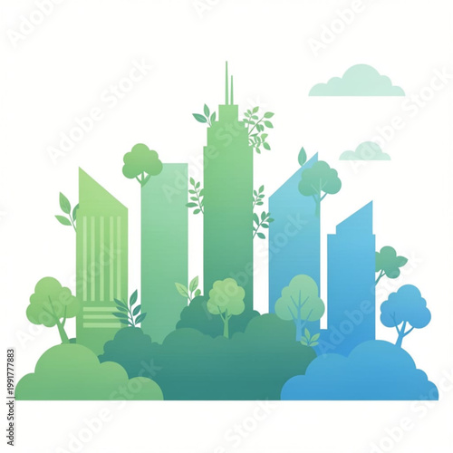 Green eco city illustration with trees and sustainable urban skyline