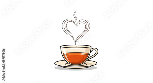 Illustration of a steaming cup of coffee on a saucer with heart-shaped steam against a white background.