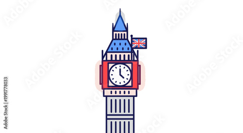 Illustration of Big Ben clock tower with British flag, iconic London landmark in blue, red, and white hues against a clean white background.