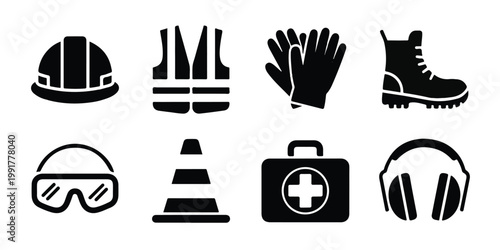 Workers wear safety gear including helmets gloves boots goggles earmuffs