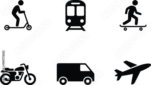 Set of six different transportation icons featuring various modes of travel