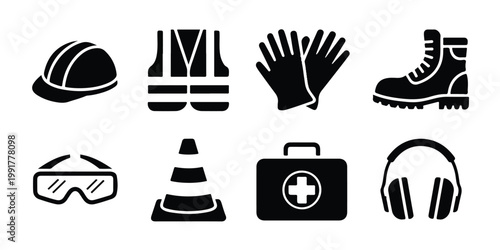 A set of eight black and white safety icons including a hard hat, vest, gloves, boot, goggles, cone, first aid kit, and headphones.