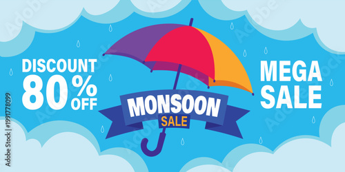 Monsoon sale banner with colorful umbrella and 80 percent discount rainbow blue background clouds rain droplets