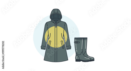 Illustration of a gray hooded raincoat with yellow lining and matching gray boots on a white background with a light blue circle.