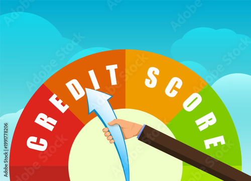 Businessman holding a flexible arrow with his hand showing a credit score rating. Vector illustration.