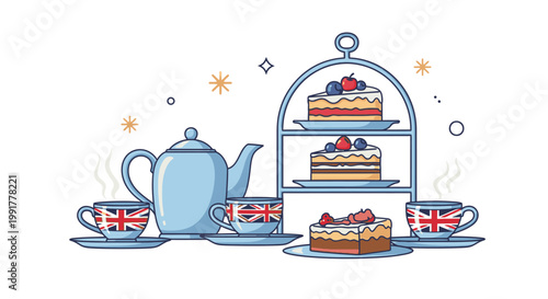 Illustration of a British-themed tea set with cakes on a three-tiered stand against a white background.