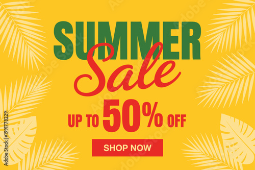 Summer Sale announcement with up to fifty percent off discount and shop now button