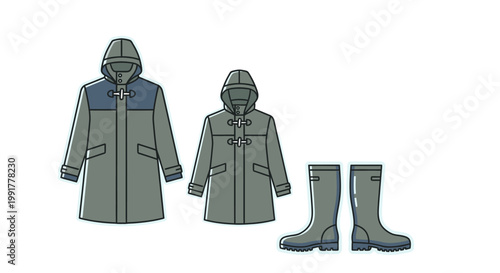 Flat lay illustration of a raincoat and jacket set with matching boots on a white background.