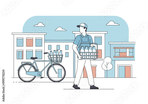 Milkman delivering fresh milk bottles in a crate by bicycle in the city