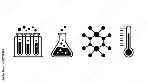 A set of four minimalist logo designs featuring science symbols including test tubes, a beaker, a molecular structure, and a thermometer
