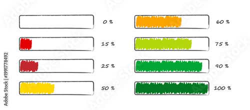 Hand drawn progress bar set, doodle loading indicators, colorful UI percentage bars collection. Vector illustration on white background.