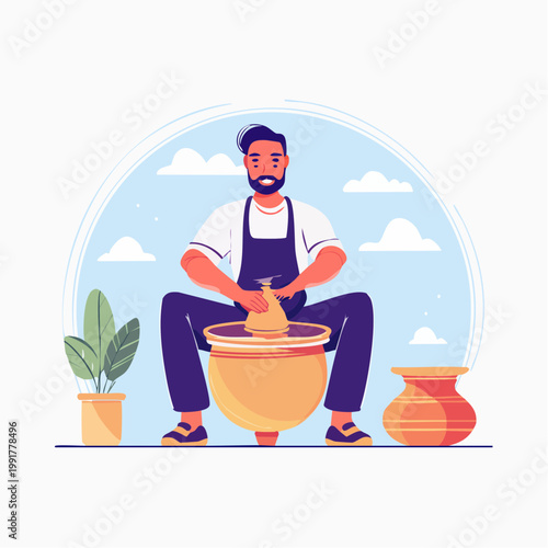 Potter working at a pottery wheel with plants and vases