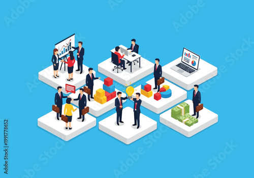 Isometric business people working together in office environment, team collaboration, brainstorming, financial analysis and planning concept