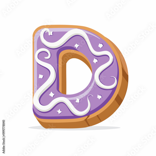 Donut alphabet letter D with purple frosting and white icing