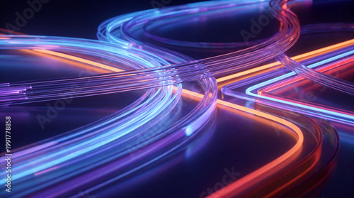 Canvas Print Abstract 3D render depicting intertwined fiber optic cables glowing with vibrant red, blue, and purple light