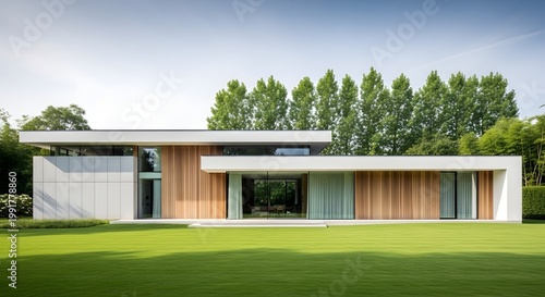 Modern architectural house design with a minimalist aesthetic and wooden facade