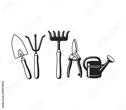 Set of gardening tools including shovel trowel pruning shears and watering can