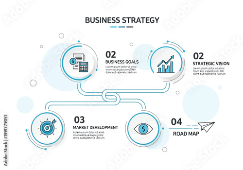 Business strategy infographic with 4 steps, icons and text placeholders, vector illustration