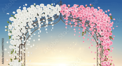 Beautiful Wedding Arch Decorated with White and Pink Flowers.