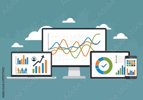 Business analytics and data visualization on multiple devices including computer, laptop, tablet, and smartphone