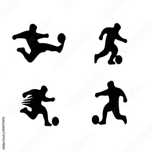 Four black silhouettes of soccer players kicking a ball