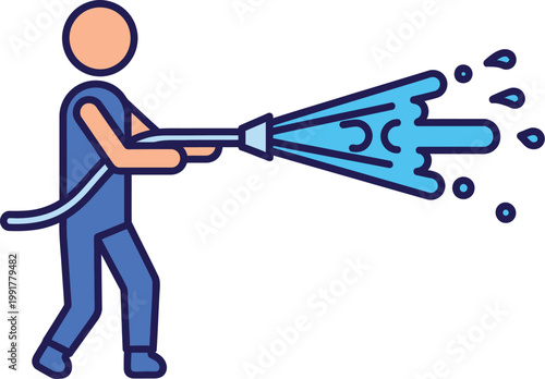Man spraying water hose flat vector splash day design white background