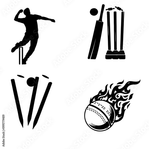 Cricket icons set including player silhouette and ball