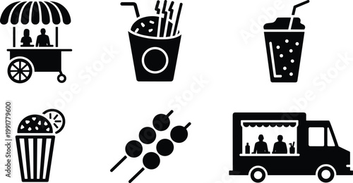 Street food silhouette icons cart drinks skewers and food truck collection
