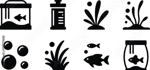 Aquatic life silhouette icons fish tank plants and fish elements