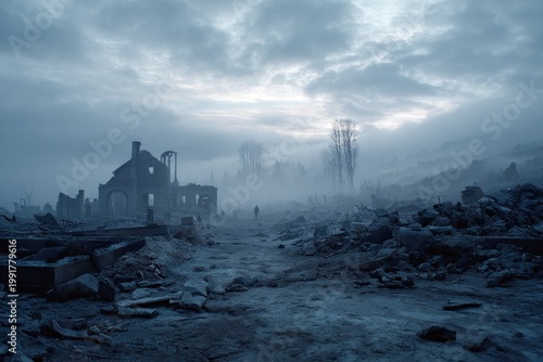 Abandoned ruined house in desolate post-apocalyptic landscape