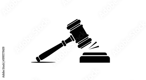 Black silhouette of a judges gavel striking a sound block.