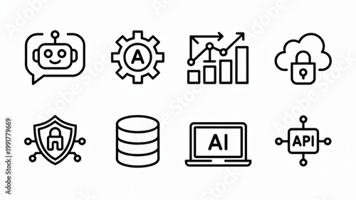 AI Technology Line Icon Set Chatbot, Automation, Data Analytics & Cloud Computing