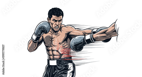 Boxer punching with motion blur effect, white background